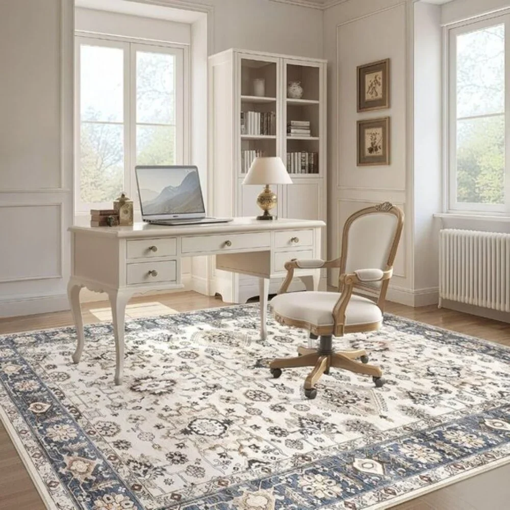 New 5x7 Blue Washable Area Rug Vintage Non-Slip Carpet for Living Room Home